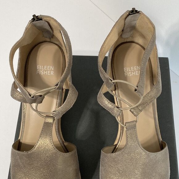 Eileen Fisher Sandals Womens US 9.5 Lou Platinum Metallic Suede Block Heel Coast - Picture 7 of 15